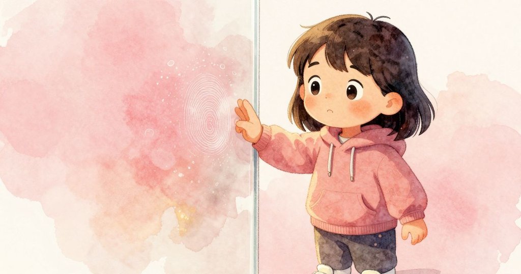 Uma伸手觸碰玻璃，指紋在柔和金光中綻放，細膩展示探索時的驚喜與神秘質感