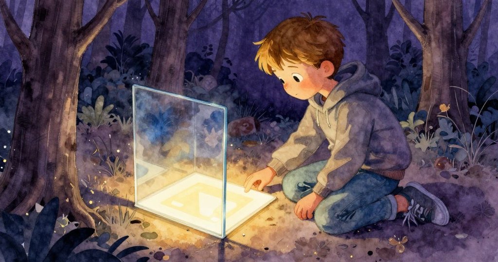 Forrest站在發光地磚旁，將手插入口袋測試溫度，玻璃反射出他的影像，展現靜謐探索時刻