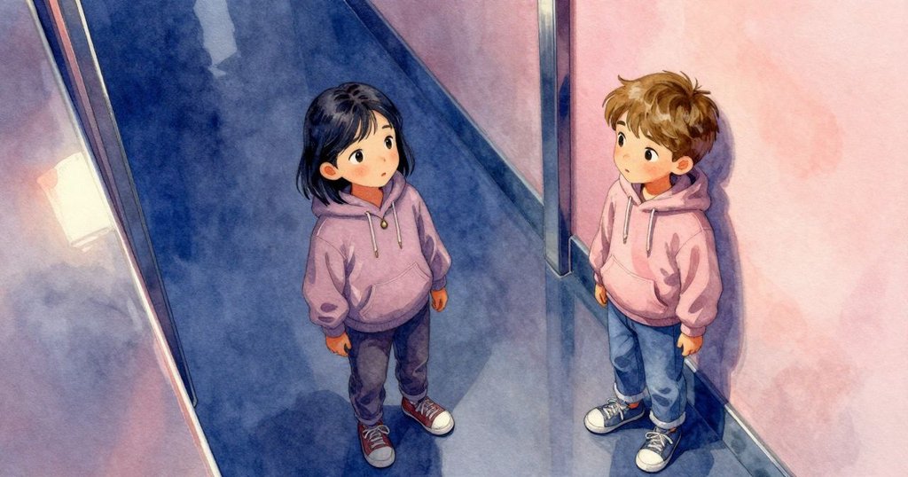 從高處俯瞰走廊，多重通道與金屬紋理構成奇幻反射，Uma與Forrest的影像交織出神秘層次