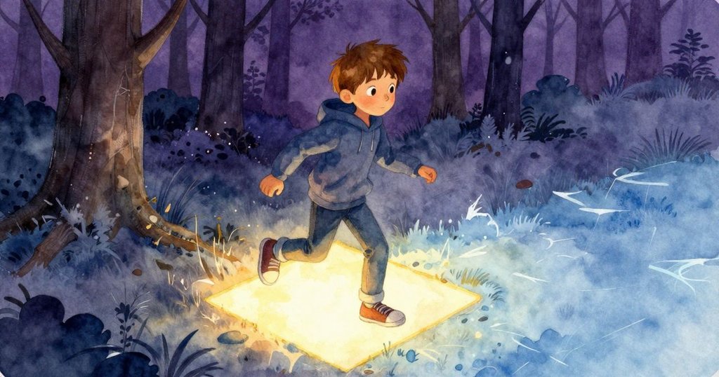 Forrest果斷踩下發光地磚，觸發光線從暖金轉為冰藍，畫面充滿動感與環境變化的張力