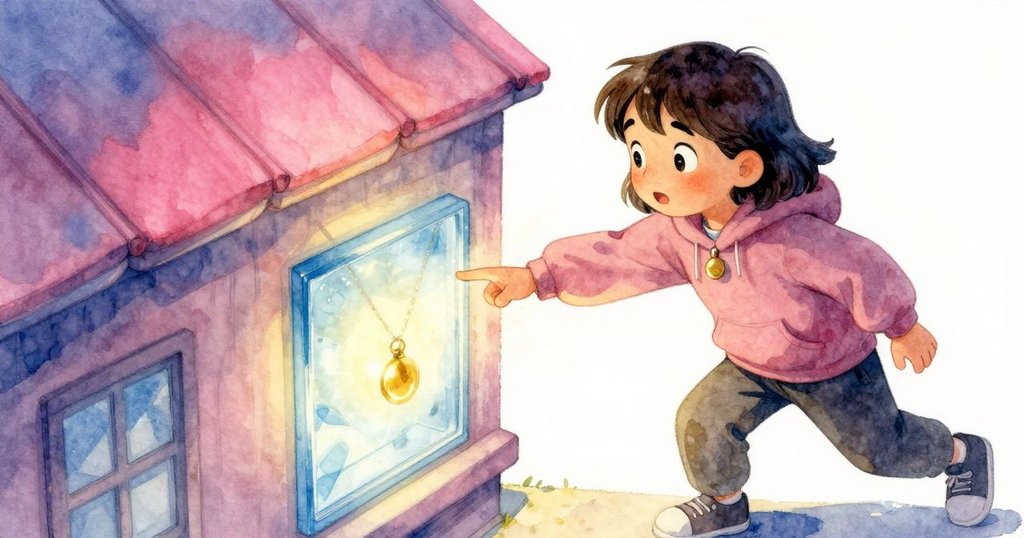 Uma將冰涼吊墜輕置發光地磚上，指尖劃過玻璃，柔和粉藍光線中展現新探險的預兆