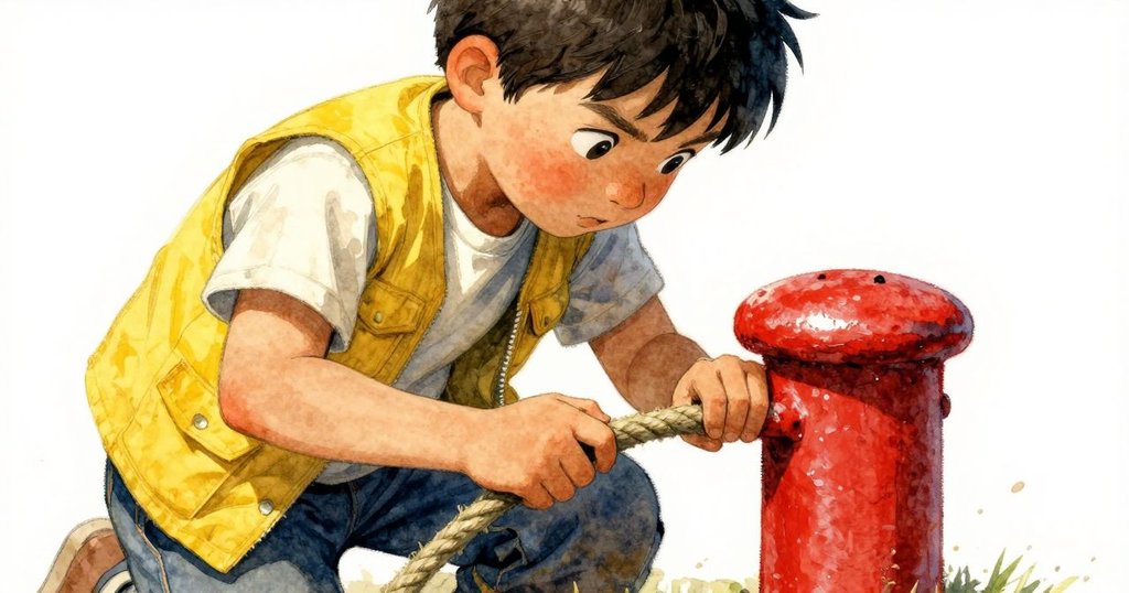 Merritt的手緊握著繩索與金屬, 輕敲船艙頂, 細節展現陽光下的操作場景, 專注且富有力量