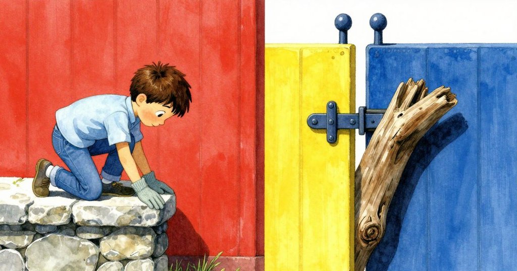 Maddox站在石壁上仔細觀察, 同時展示漂流木卡在閘門鉸鏈上, 分割畫面呈現探索與懸念