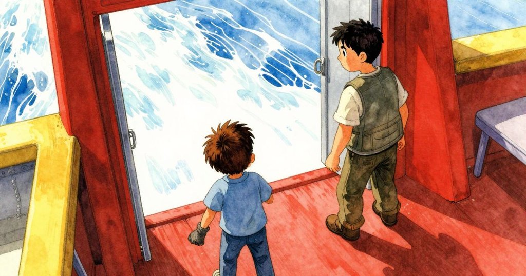 從高處角度觀察, 閘門打開展現流水通道, Maddox與Merritt在甲板上觀察, 自然光下充滿期待情緒