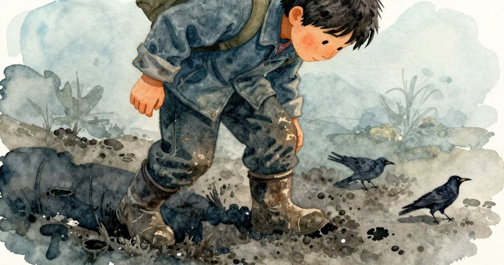 Blair出現在Tess後方,腳踝踏入泥濘,背景中濕沙上隱約見烏鴉足跡,展現故事發展的靜謐細節