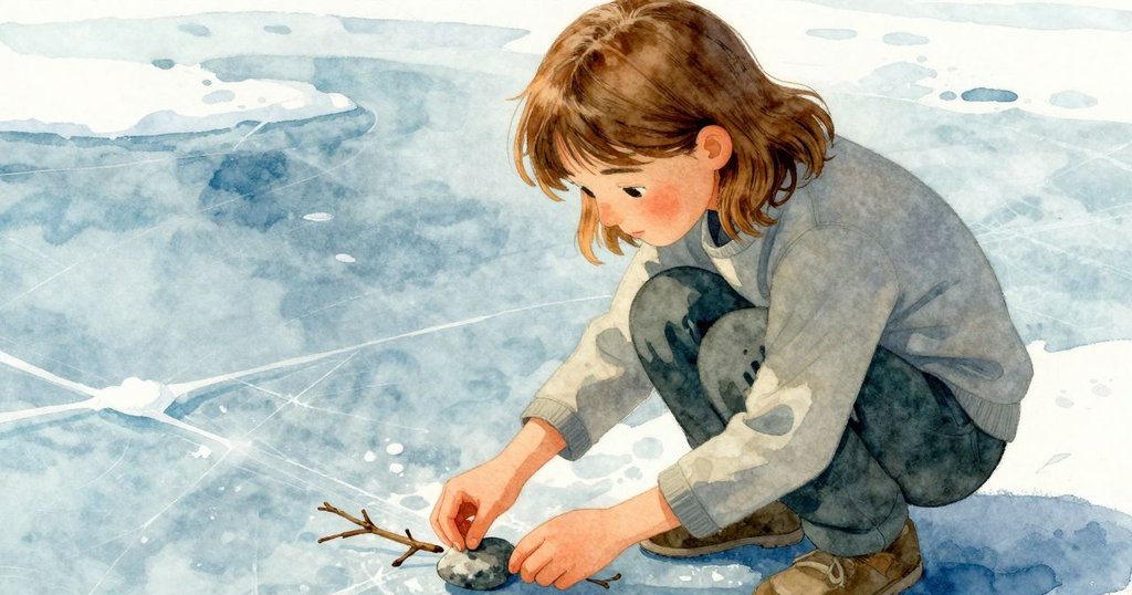 從背後視角看Tess蹲下身子,專注放下鵝卵石和樹枝,冰面靜默接受這些微妙變化,情感細膩流露