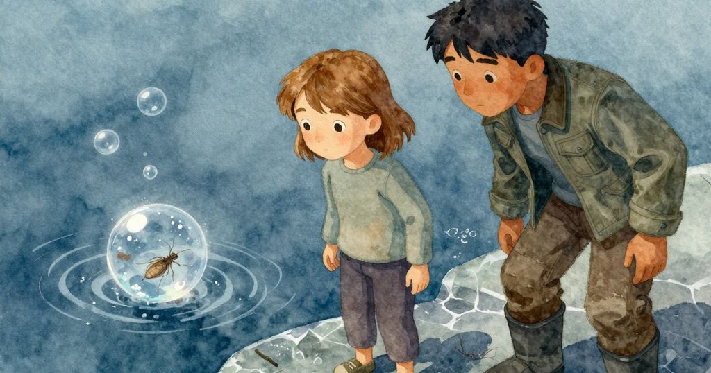 種子莢觸水後懸浮,氣泡紛湧揭示出多隻水黽,現實與奇幻在冰面上交織,情境轉向神秘