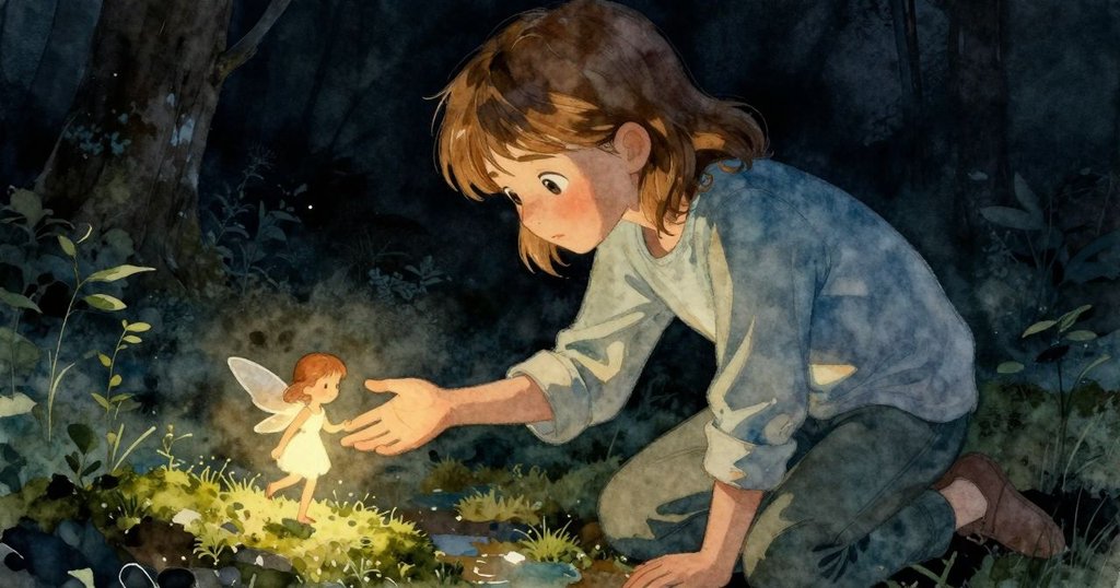 Tess跪於濕苔上,小心伸手觸碰發光的小精靈,表情中帶著驚奇與決心,展示冒險重要一刻