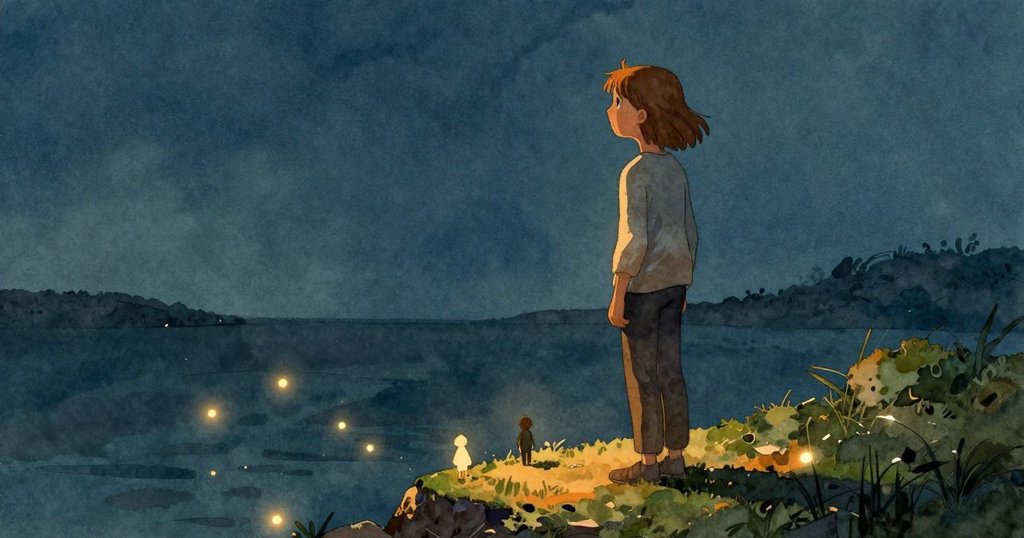 Tess站在濕苔岸邊注視著散開的小精靈群,溫暖陽光下景致開闊,暗示著冒險仍在繼續,情境充滿希望