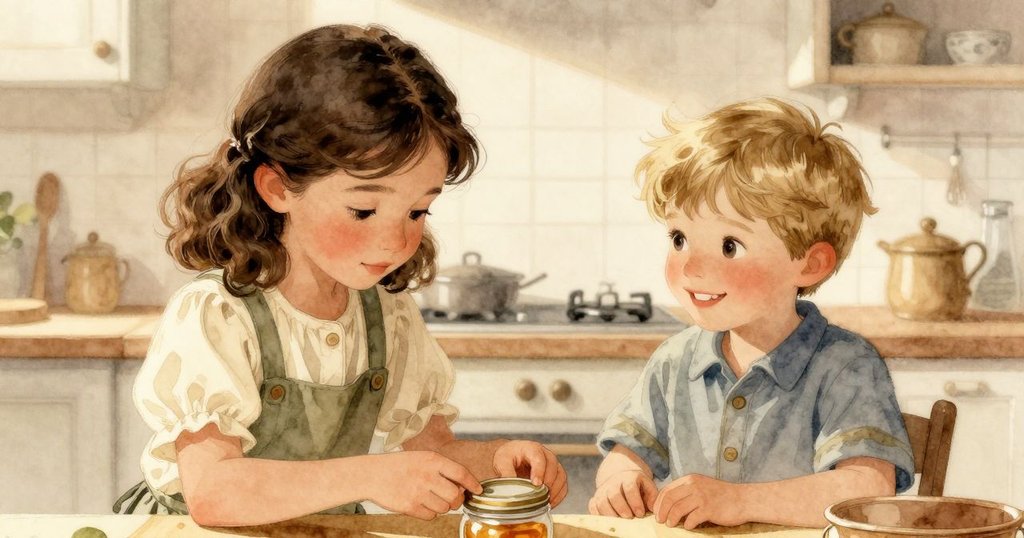 Bethan 的手輕輕鬆開陶罐蓋,溫暖晨光透過窗戶照進老式廚房,散落麵粉閃爍著光芒。