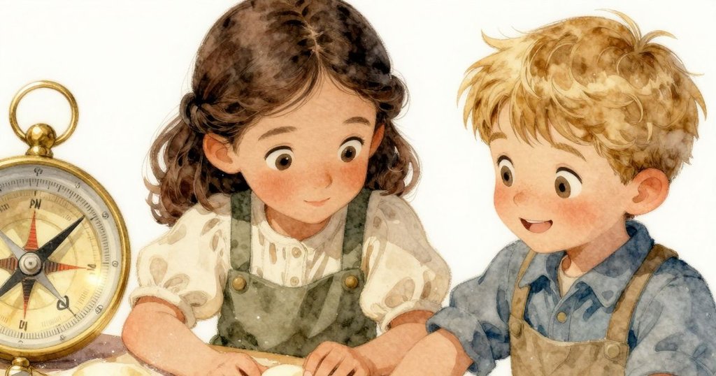 近拍鏡頭聚焦在抹金羅盤與放在羊皮紙上的麵團,麵粉閃著淡淡琥珀光芒,細節豐富。