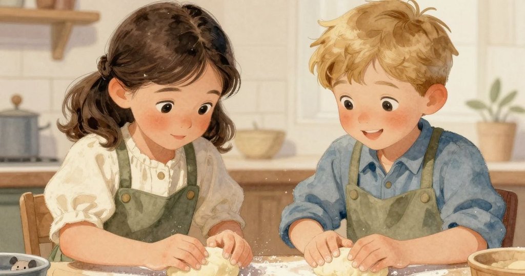 小老鼠從低角度觀察 Bethan 用雙手輕撫麵團,散落麵粉營造出神秘視角,空間充滿細膩紋理與好奇氛圍。