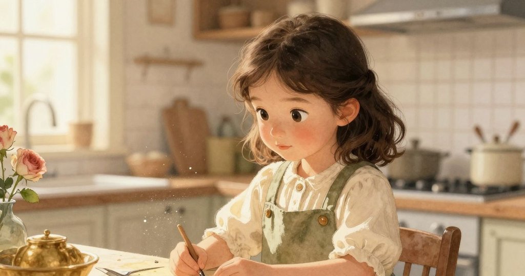 Bethan 靜靜站立在廚房內,溫暖琥珀光線映照著飄散塵埃,營造出平靜而充滿期待的氛圍。