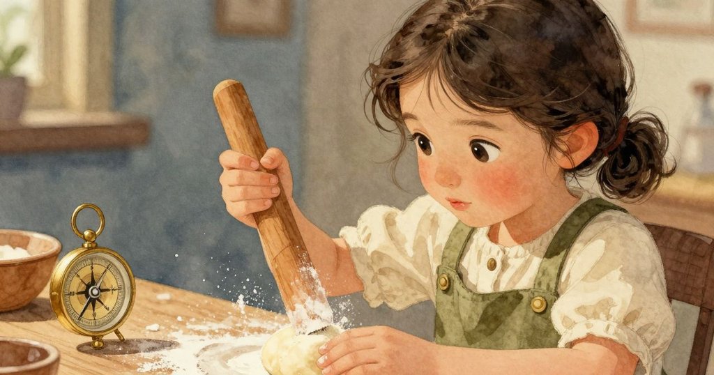 Bethan 聚精會神用木製工具在麵團上刻痕,麵粉輕微覆蓋羅盤,畫面充滿了細膩而微妙的緊張感。