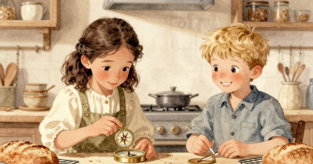 Bethan 在完成麵包後將羅盤歸位,Pierce 站在旁邊微笑,老式廚房充滿暖意與共同成就感,溫馨結局。