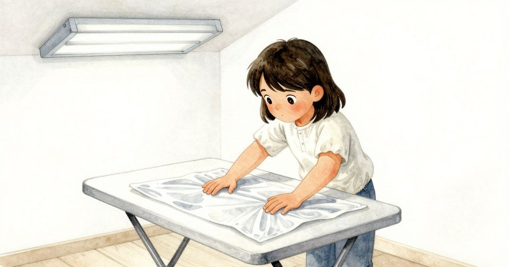 朱諾在家用洗衣房中鋪設塑膠墊，桌子上光線均勻，展開準備動作，情緒專注而平和。