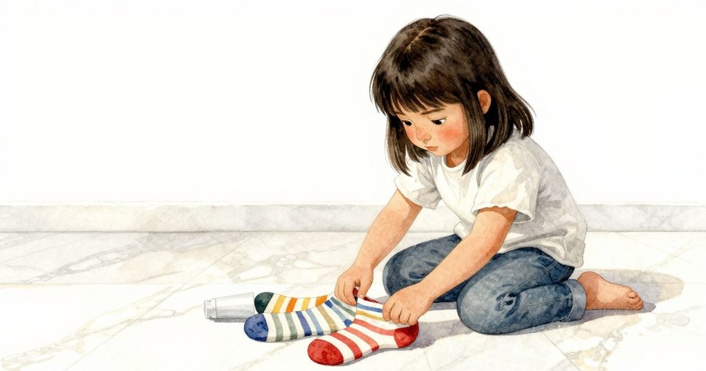 朱諾在大理石花紋地板前認真分配彩襪，光線斑駁鋪展在桌上，展示出家庭中溫馨而充實的整理過程。