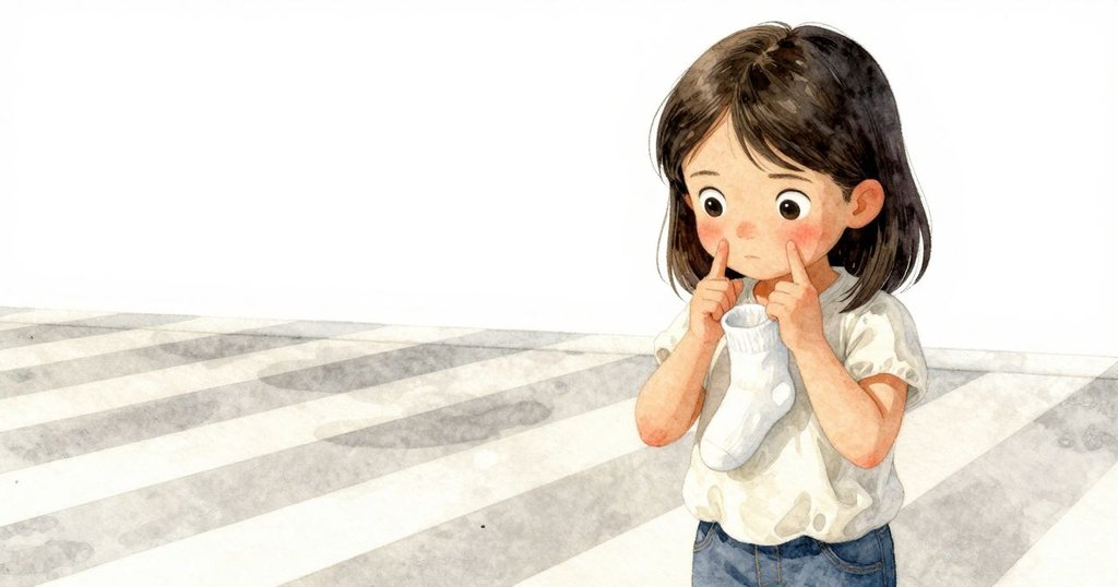 朱諾手中緊夾一隻襪子，眼神短暫凝視停頓時刻，室內光線變幻產生超現實幾何條紋。