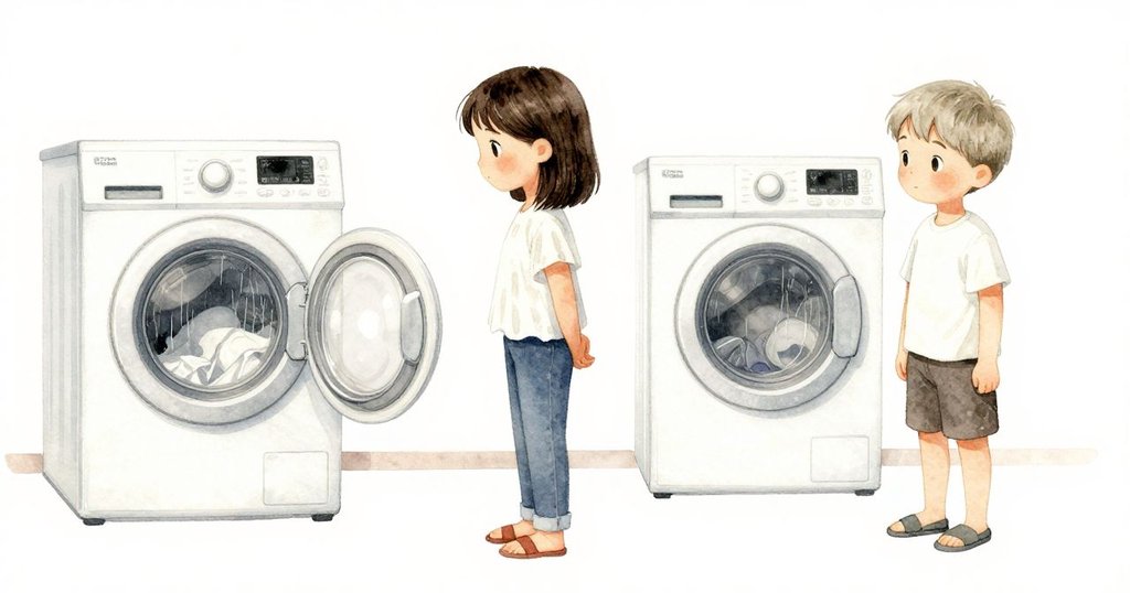 朱諾與格倫在洗衣房中靜待機器旋轉，水光閃爍映襯出柔和光影，結束循環後流露出釋然與期待。