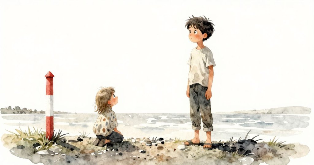 亨里克站在礫石坡上觀望希蒂跪在潮間帶、檢視帶有紅數字的木柱，背景海邊景色廣闊，表情充滿期待