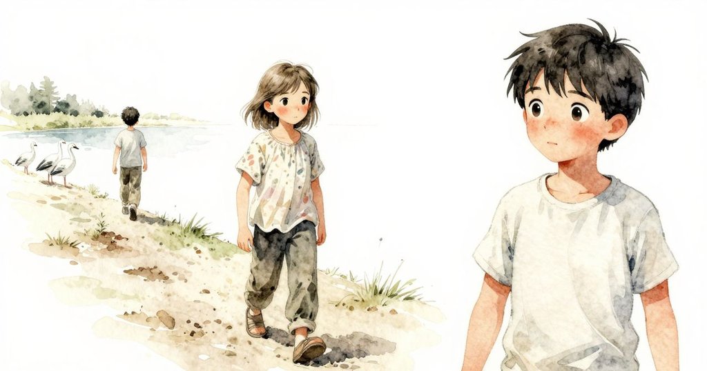 亨里克沿著斜坡小心走下，希蒂朝遠處水潭走去，背景中鷸鳥在泥中活動，層次感豐富