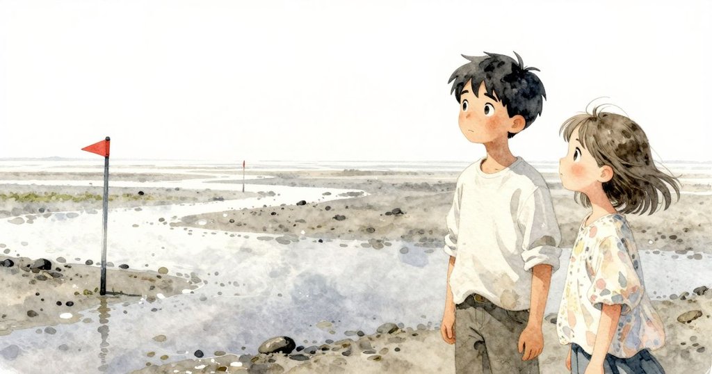 從高處俯瞰潮間帶，標記木柱隨風搖晃，閃耀的水潭和遠處重生的松樹，展現自然復甦的景象