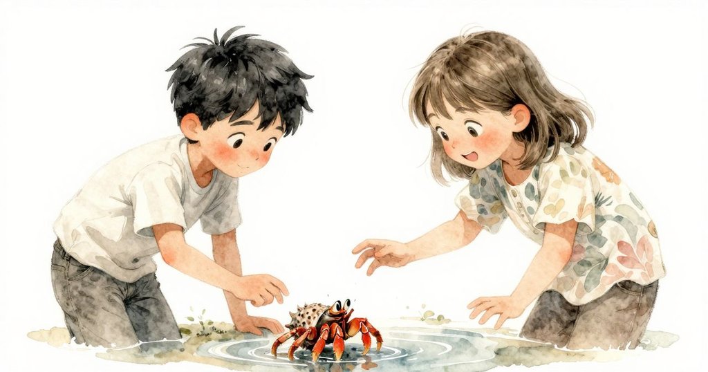 希蒂喊著「看螃蟹！」，亨里克微笑注視水潭中螃蟹探險蟬殼，兩人互動充滿喜悅，環境清新怡人