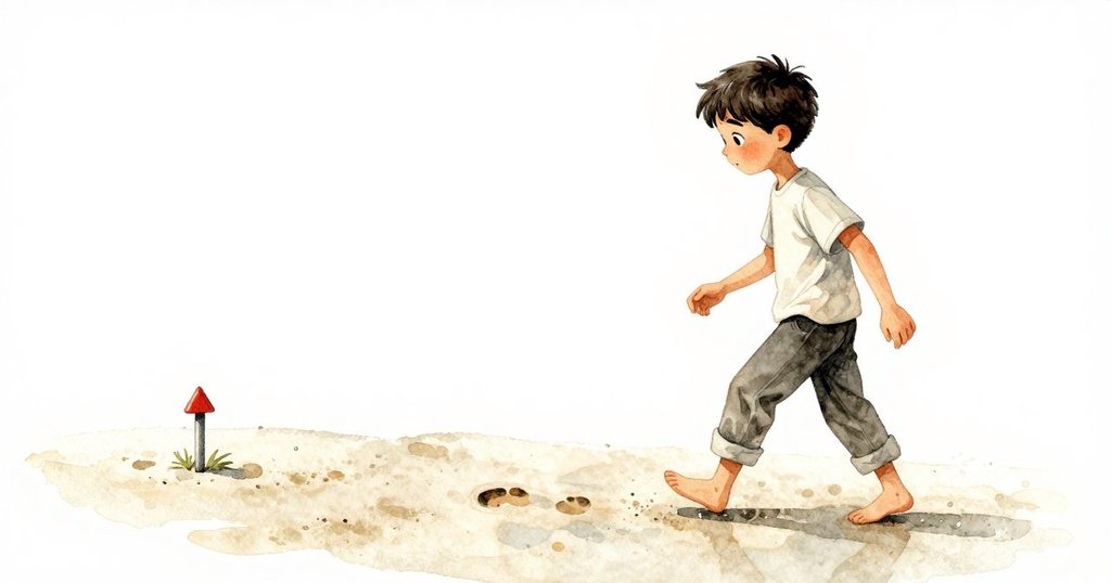 亨里克後退，標記木柱上水珠閃爍，沙上腳印逐漸消逝，傳達潮汐與時光更迭的深刻意境