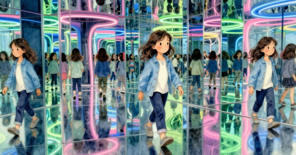 Willa在鏡迷宮中穿越，眾多倒影與旋轉光線交疊，展現出探索新世界時的好奇與期待。