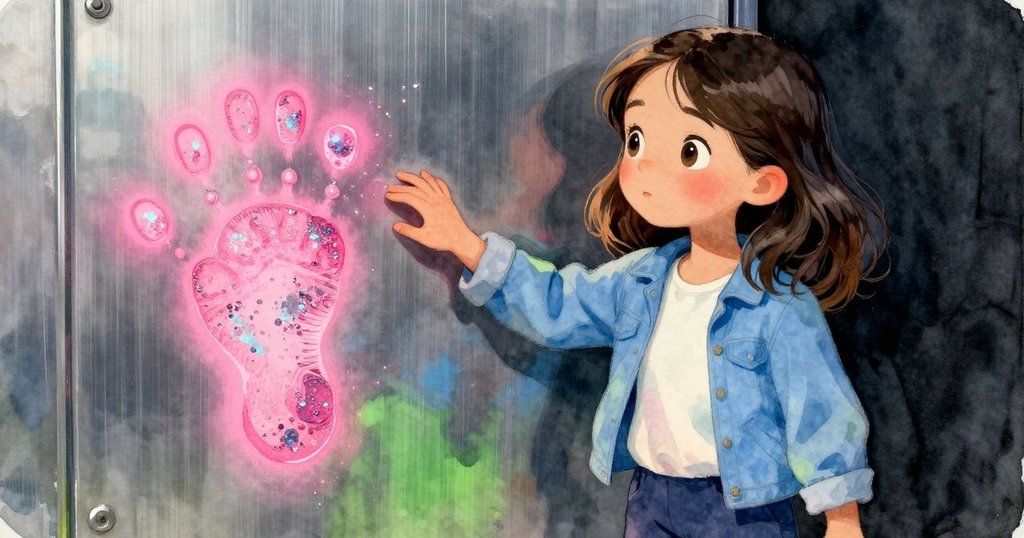 Willa輕觸金屬面板上發光的拇指印，近距離細節展現表面紋理，感受神秘與探索情懷。