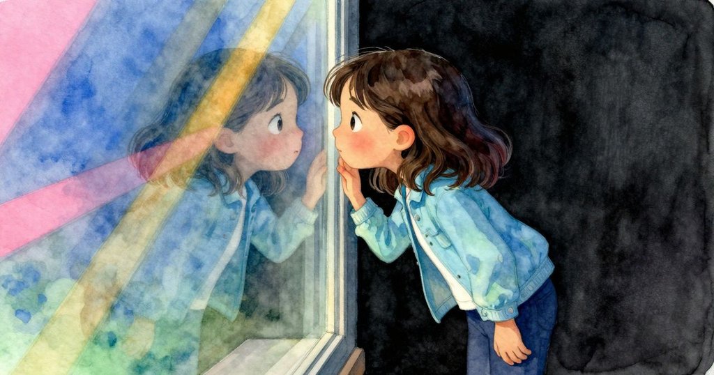 Willa透過斜角玻璃凝望，見藍金玫瑰色光束交融映出倒影，臉上流露驚奇與思索。