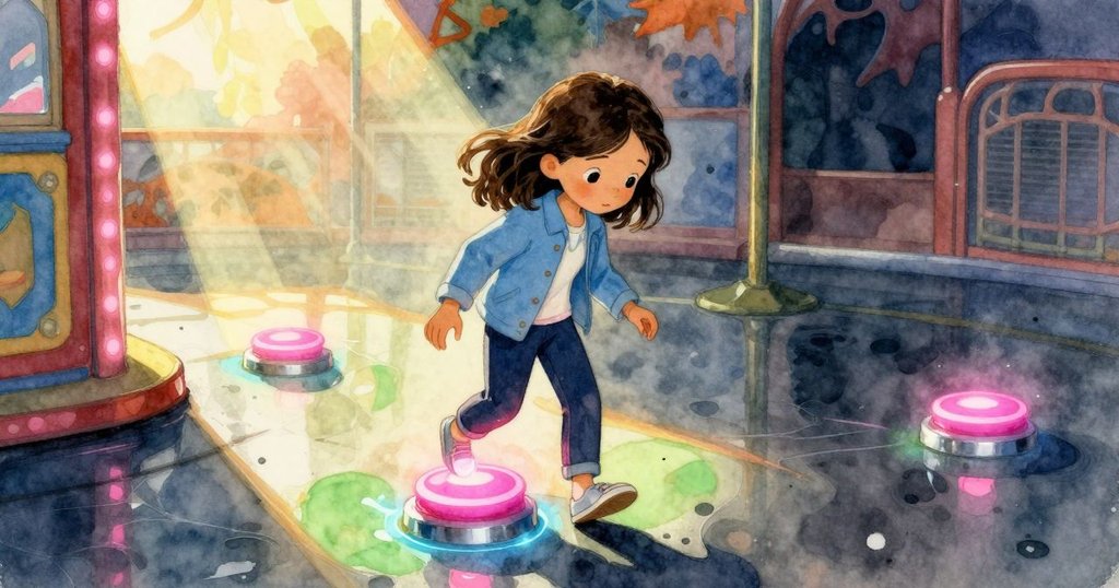 Willa停下探索，凝視閃爍的地板按鈕，透過溫暖光線感受集市氣息與秋日柔和氛圍。