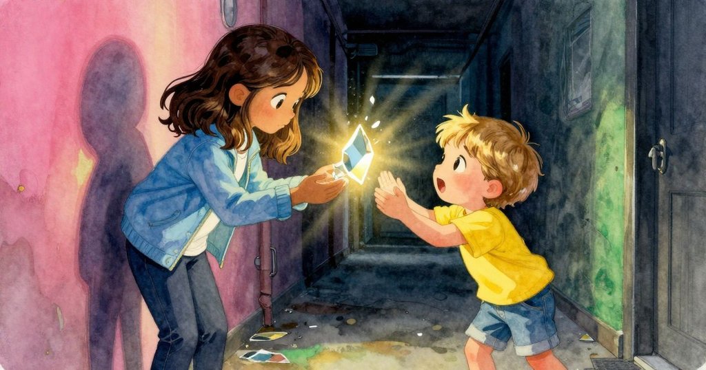 Willa與好奇小孩在金光迷宮中互動，溫柔遞出發光鏡片，彼此交換信任與驚喜，共享探索成果。