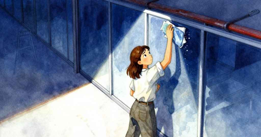 Colette在工業走廊中安靜清潔著玻璃牆，藍色燈光在頭頂移動，她專注且平靜