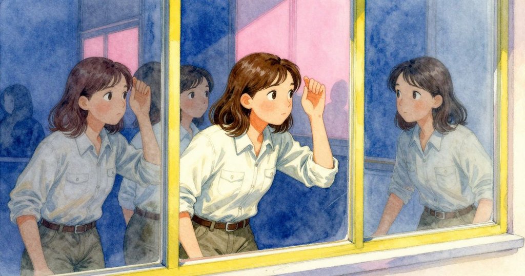 透過鏡子看見多重倒影，Colette凝視中見到夥伴Jude的微弱身影，環境呈現粉藍對比