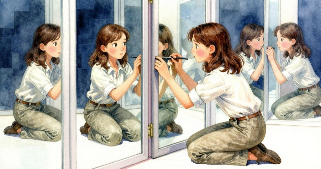 Colette跪下觸摸鏡面鉸鏈，多重倒影呈現不可能幾何，燈光交錯突顯細節