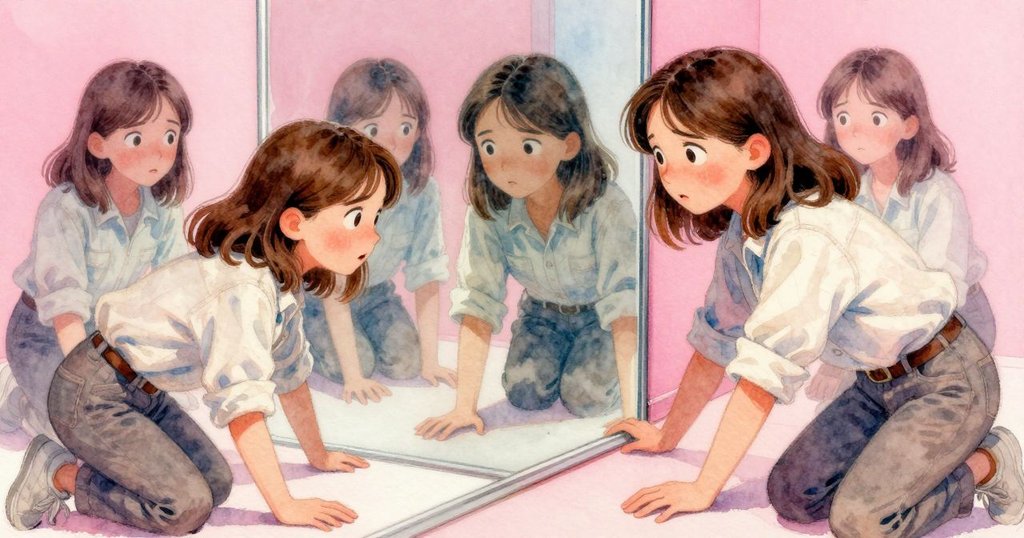 Colette焦慮中按下地板板塊，鏡中倒影重疊，臉上憂慮與堅定並存，燈光粉紅氛圍濃厚