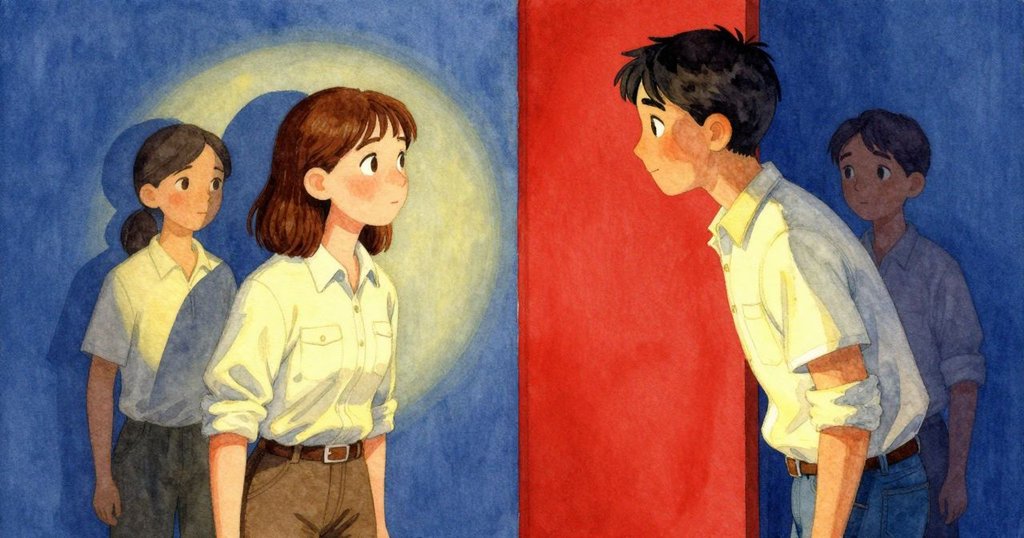 Colette穿過開啟的鏡面與Jude重逢，藍色燈光帶來溫暖和安心，背景工業走廊呈現動態光影