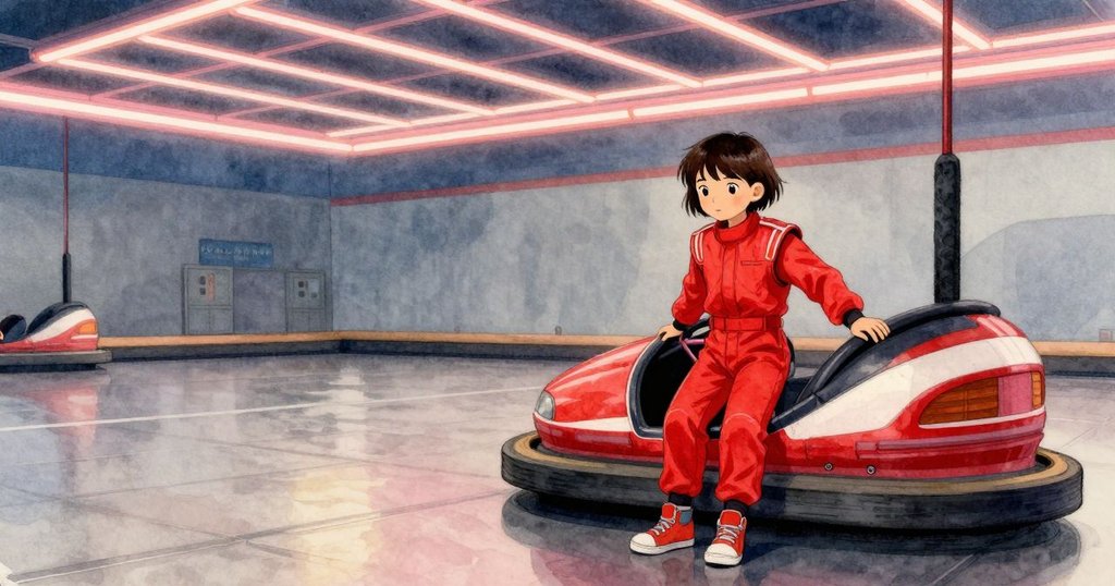 凱斯特羅走過拱門進入空蕩車場, 上方燈光形成問號形支柱, 氣氛充滿神秘期待與柔和對比