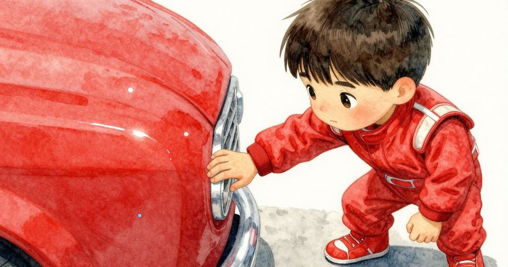 凱斯特羅的手輕撫紅色車體, 在藍白火花映照下細膩觸感顯現, 表情專注且好奇