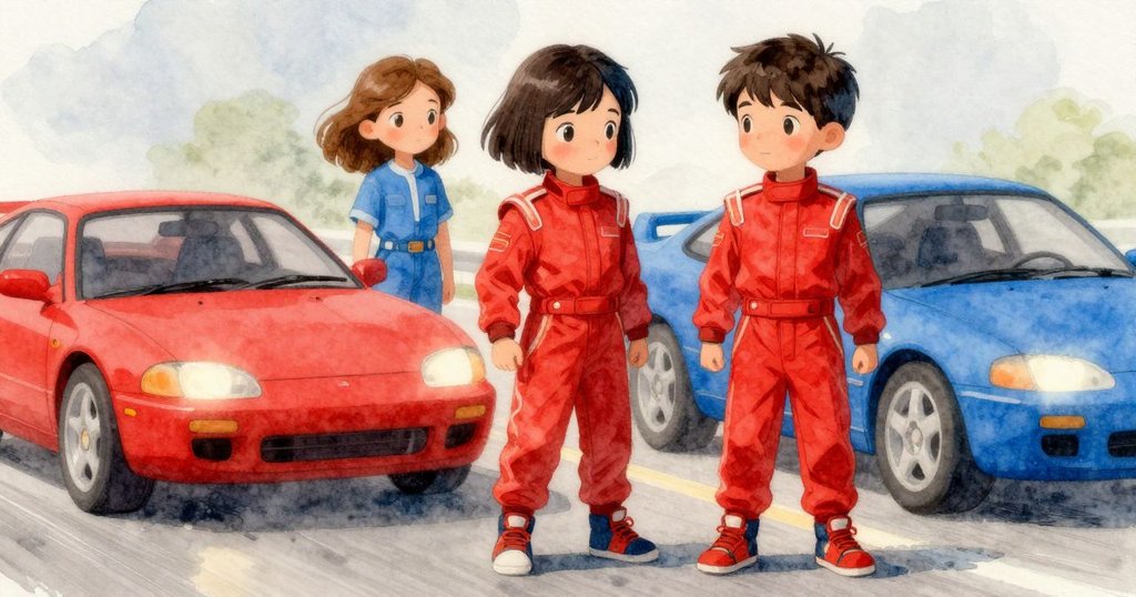 透過拱門縫隙望見凱斯特羅駕駛紅車入座, 哈麗特駕藍車疾馳而來, 畫面充滿動感與神秘光影