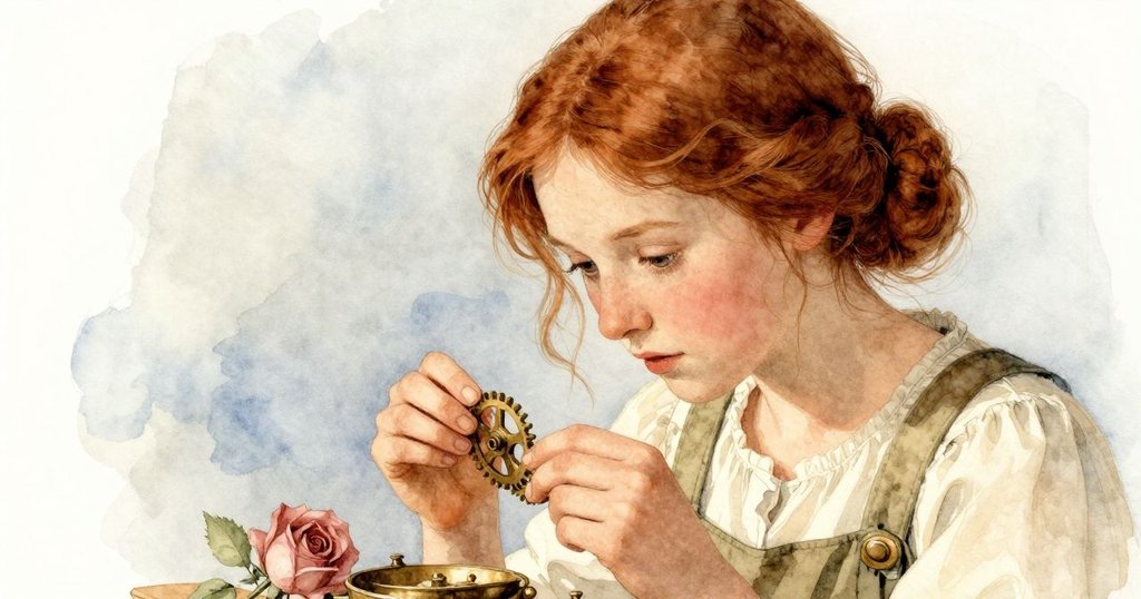 倫諾拉專注地透過放大鏡觀察鐘錶細節,臉上流露堅定情感,溫暖光線映照當時心境。