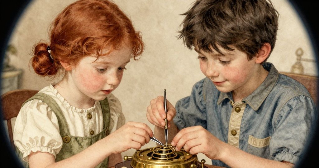 倫諾拉運用鑷子操作發條機構,扭曲透視呈現發光銅輪與油滴細節,帶出奇幻與精密的工藝之美。