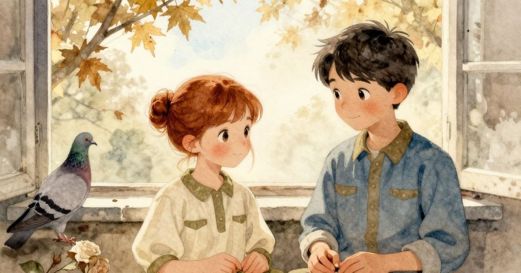 鐘錶店窗外展示秋日情景,金色陽光灑落在石壁上鴿子,營造出溫馨與寧靜的氛圍。