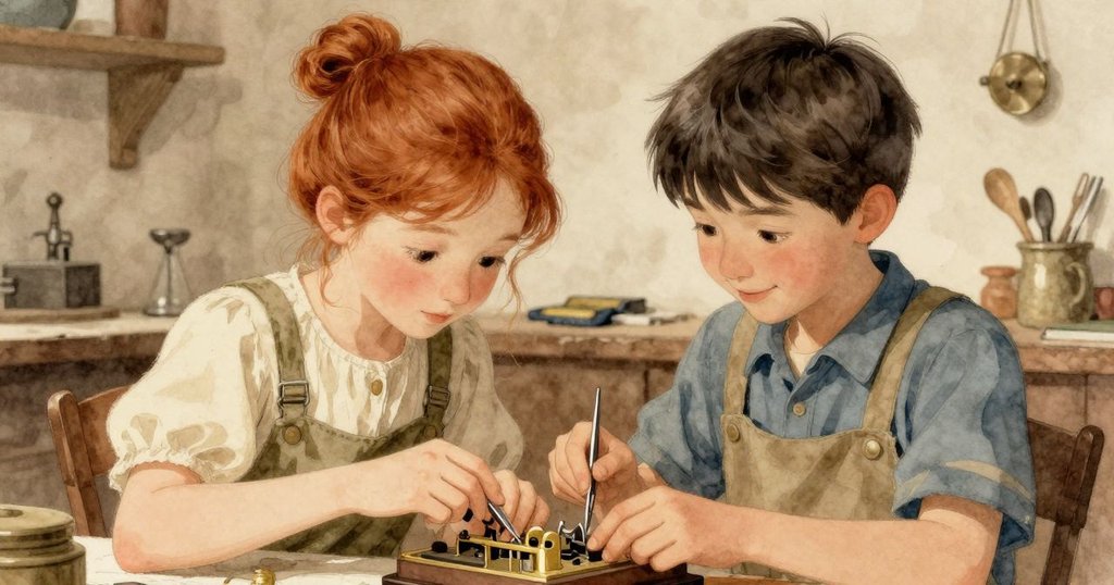 倫諾拉與弗雷澤在工作臺前互動,倫諾拉專注操作發條,弗雷澤露出溫柔微笑,共同展現工藝默契。