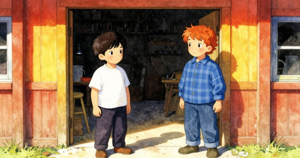 伊夫在門外觀看，雷米在內部工作，古舊工作室外景，樹影斑駁，表情專注