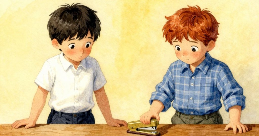 畫面特寫亮亮的黃銅釘書機，放在木桌上，被燈光柔和照亮，細節豐富