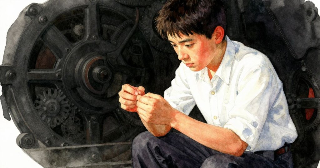 伊夫面部特寫，聚精會神數字，內心掙扎映出背景機械與微微傾斜的地板