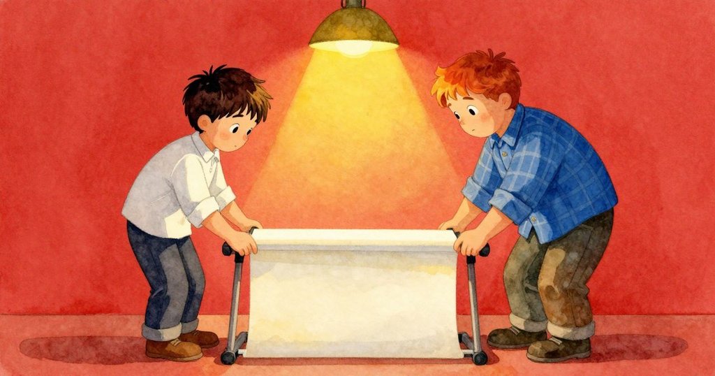 伊夫與雷米在調整印刷機，剛出爐的印刷品懸掛旁邊，燈光穩定，氛圍和諧，結局明朗