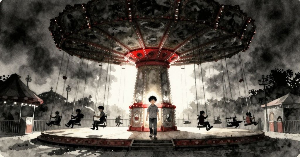 格倫走進燈光微紅的遊樂設施入口,身穿休閒服,表情充滿好奇與期待,背景呈現深邃陰影與柔和光暈。